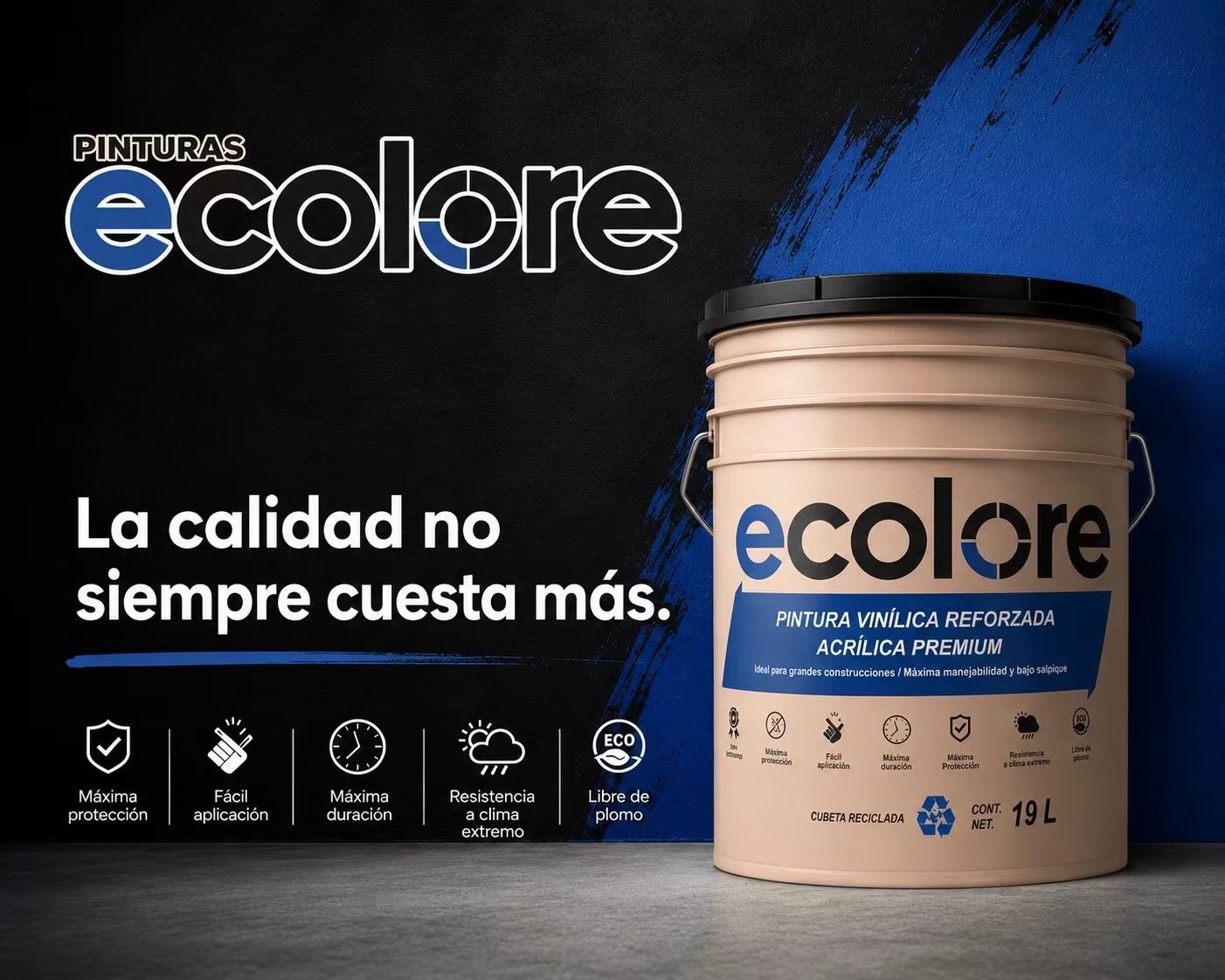 Cubeta de Pinturas Ecolore con beneficios de protección, aplicación y durabilidad